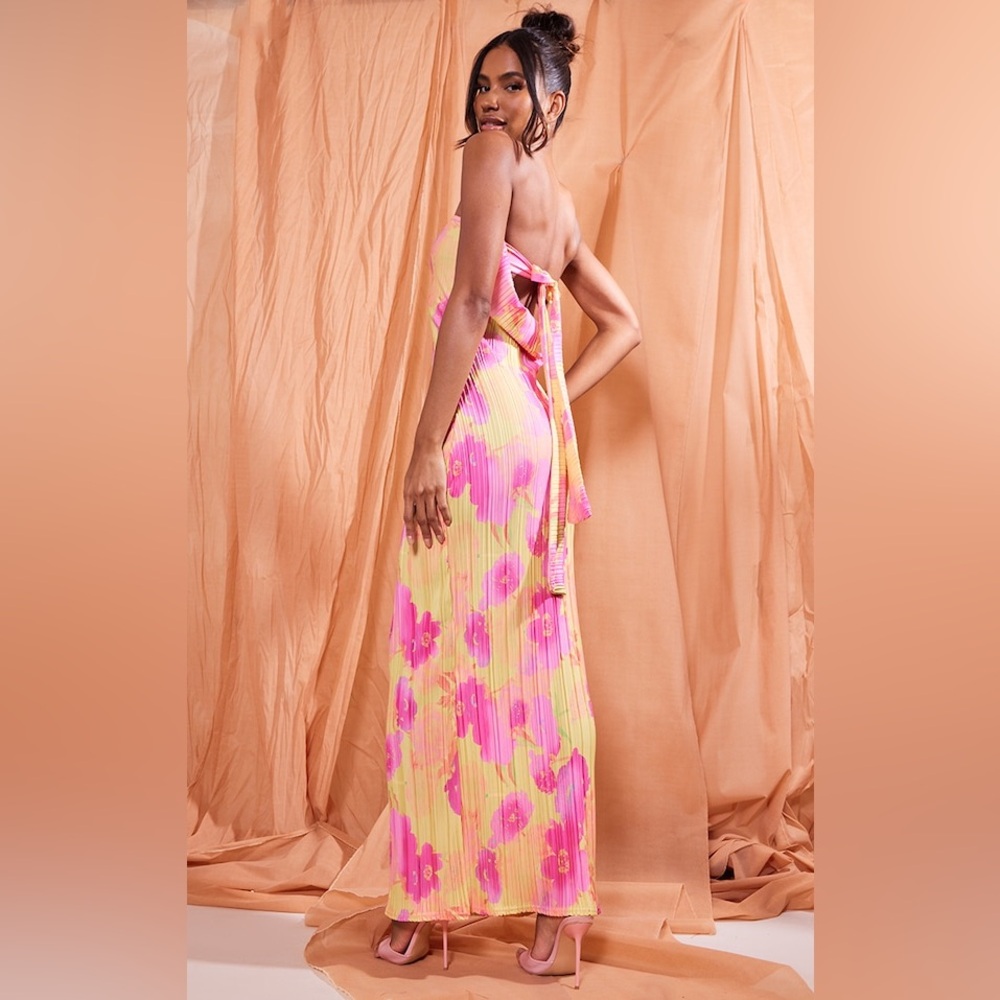 PLT MULTI FLORAL PRINT PLISSE BANDEAU COWL BACK MAXI DRESS - Picture 6 of 10